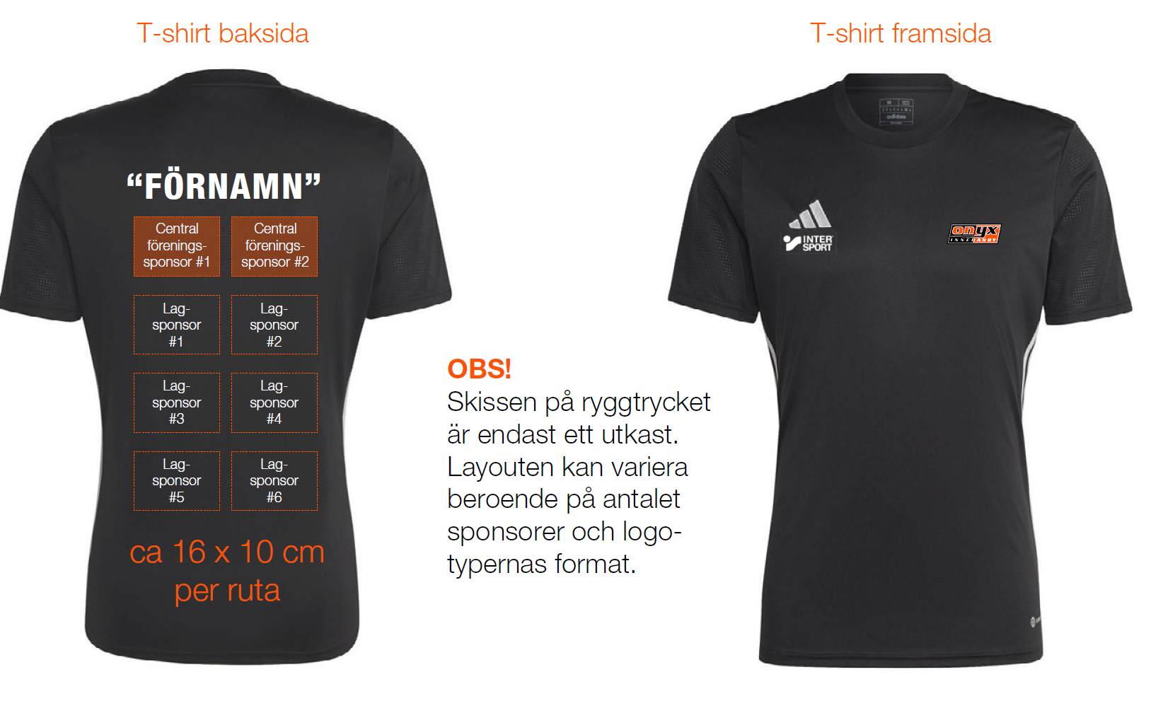 Skiss av Onyx träningströja framifrån och bakifrån med sponsorplaceringar